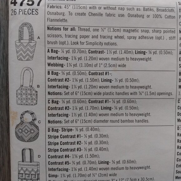 Handbag Sewing Pattern Chenille Purse Shoulder Bag Simplicity 4757 UNCUT - Picture 8 of 10